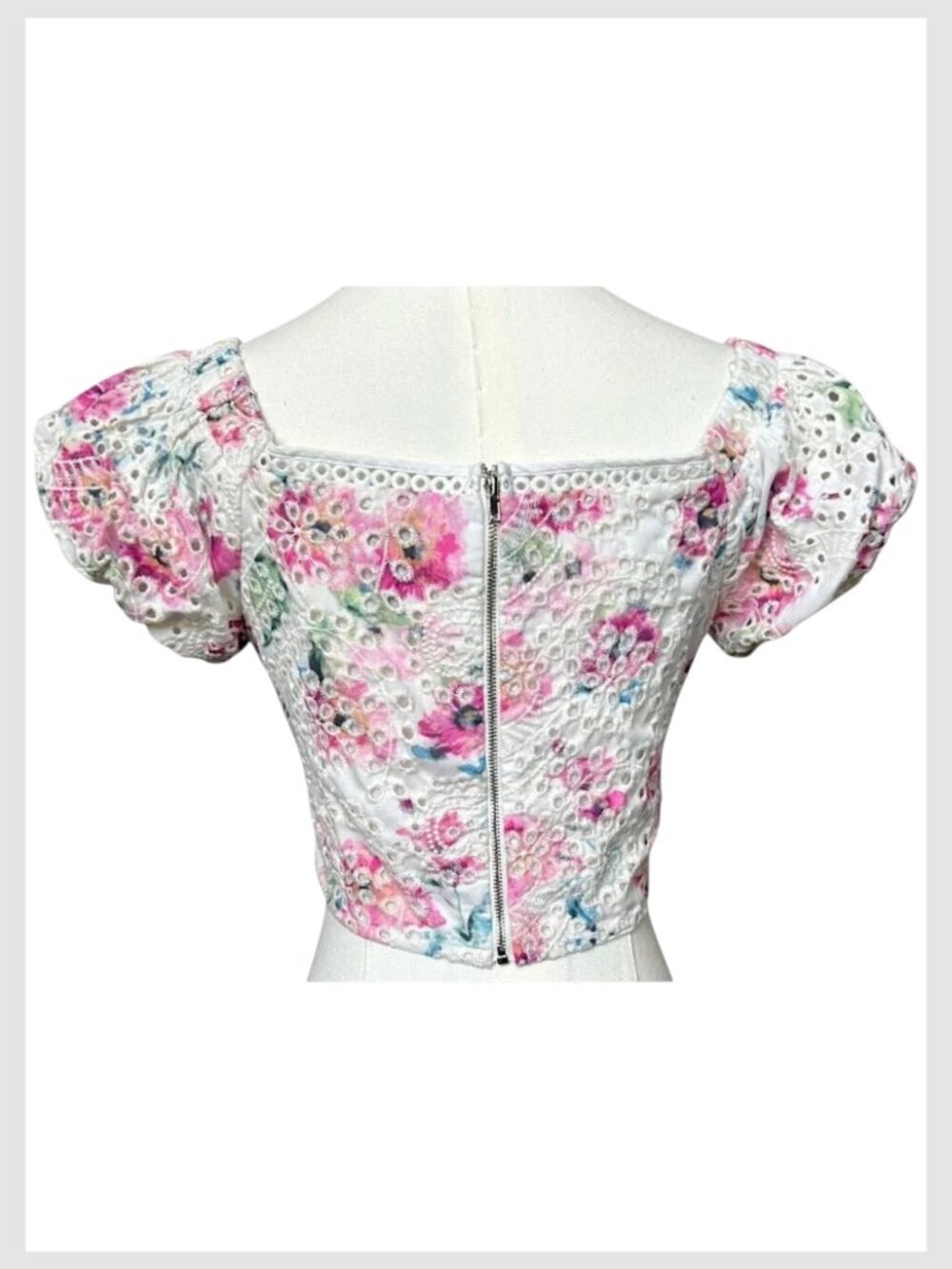 Aqua Crop Top White Pink Floral Eyelet Puff Sleeve S - Picture 7 of 9